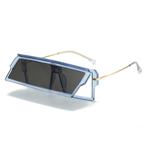 Futuristic translucent blue square frame sunglasses with sleek gold metal temples