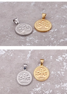 Detail of Tree of Life pendants in gold and silver finish with embossed metal textures