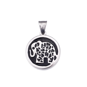 Minimalist silver elephant pendant necklace featuring a round charm with intricate patterns