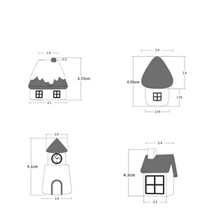 Miniature Christmas house ornaments and cartoon castles with size measurements
