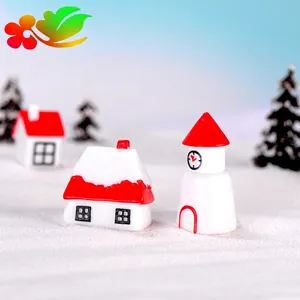 Miniature Christmas snow house and red clock tower resin ornaments for holiday decor