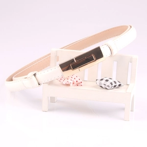 Elegant white patent leather skinny belt with a gold rectangular metal buckle for women