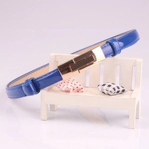 Blue patent leather skinny belt for women with elegant gold rectangular metal buckle