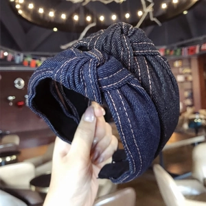 Retro Denim Knotted Headband Wide Brim Hair Band With Contrast Stitching Casual Hair Accessories For Women