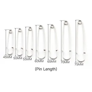 Size guide for large safety pins showing lengths from 45mm to 75mm for scarf accessories