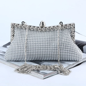 Women Elegant Evening Bag Satin Aluminum Beads Rhinestone Clutch For Party Wedding Banquet With Detachable Chain