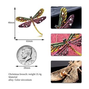 Vintage rhinestone dragonfly brooch pin with colorful crystals and dimensions guide
