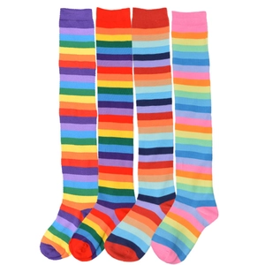 Vibrant rainbow striped over-knee high socks for women's Halloween and performance wear