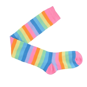 Detailed flat lay of rainbow striped over-the-knee socks with vibrant colorful patterns