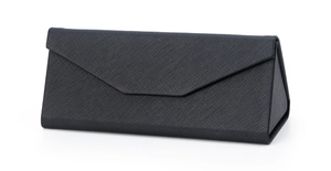 Detailed view of black Saffiano leather texture on a foldable triangular glasses case
