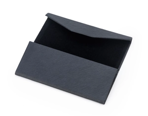 Detail of black Saffiano leather folding eyeglass case with soft velvet lining