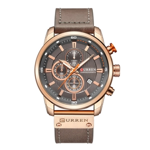 Curren men's business chronograph watch with brown leather strap and rose gold case