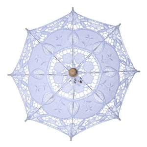 Elegant white lace bridal umbrella with intricate floral embroidery and wooden top handle