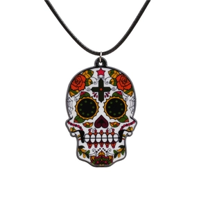 Colorful sugar skull necklace with roses and cross on a minimalist black cord rope