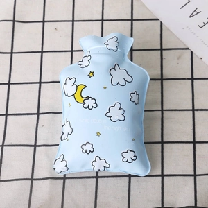 Light blue PVC mini hot water bottle with cartoon clouds and stars on checkered fabric