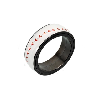 Detail view of rotatable baseball ring with red V-shaped stitching on dark grey steel band