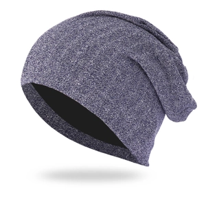 Slouchy beanie hat in marl grey and purple texture, minimalist windproof knit skull cap