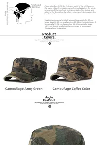 Size guide for camouflage military caps with head circumference measurement instructions