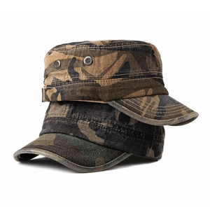 Men's camouflage flat top military cap in jungle and dark grey canvas fabrics