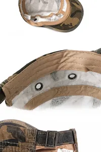 Detail view of cotton camouflage flat top hat showing inner sweatband and metal buckle