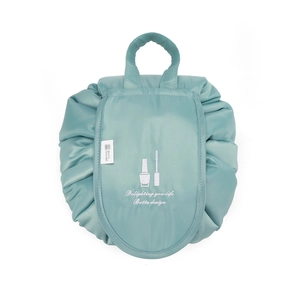 Mint green portable drawstring makeup bag with waterproof fabric and floral embroidery