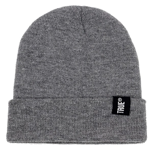 Classic grey knit beanie with black TRUE logo label, warm winter thermal skull cap