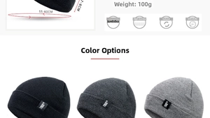 Detailed size specs for winter knitted beanies featuring TRUE brand woven label patch