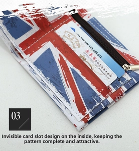 Detail view of union jack wallet showing internal card slots and metal zipper pocket