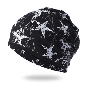 Black knit beanie hat featuring vintage white star prints and a dual-layer thermal design