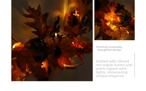 Detailed view of warm LED lights with maple leaves and small pumpkins for autumn decor