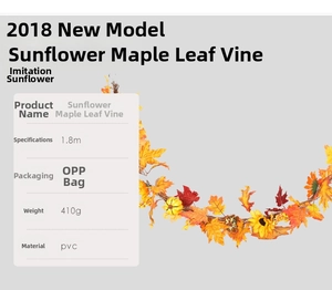 Detail view of 1.8m artificial sunflower and maple leaf vine with mini pumpkins