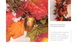 Close-up of artificial autumn wreath with maple leaves, red berries and pumpkins