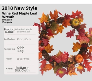 Close-up detail of autumn wreath featuring maple leaves and pumpkins on rattan base