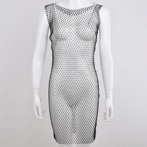 Robe Sexy En Maille À Rhinestones Pour Femmes Sans Manches Col Rond Transparente Filet Mini Clubwear Scintillante