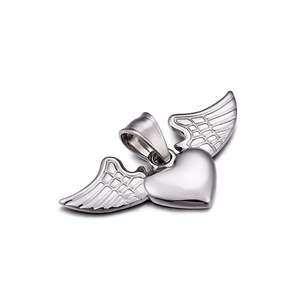Polished silver heart pendant necklace with angel wings in durable stainless steel