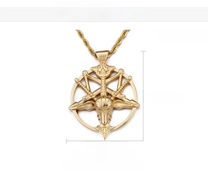 Close-up of 51mm Baphomet goat head pendant with dimensions and weight detail