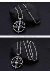 Detail showing the vintage Baphomet goat head pendant with an antique silver finish