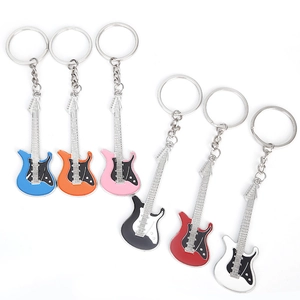 Set of 6 colorful metal electric guitar keychains in blue, orange, pink, black, red and white