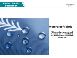 Macro shot of waterproof fabric showing water droplets on blue floral grid pattern