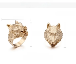 Detailed dimensions of 18K gold plated stainless steel wolf head ring for men