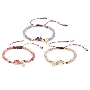 Handmade woven bracelet set with 4mm pink faceted stones and colorful crystal beads