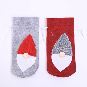 Christmas gnome wine bottle covers set in red and grey felt with drawstring closures