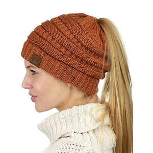 Caramel knitted ponytail beanie with multi-color speckles and CC leather patch