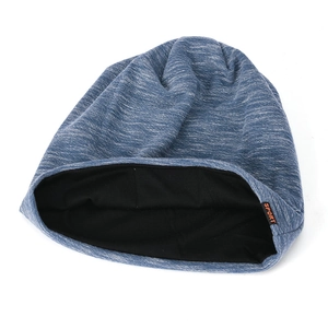 Detail showing heather blue knitted beanie with thick black lining and SPORT tag