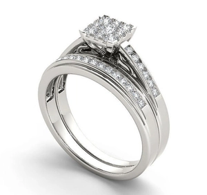 Elegant silver zircon wedding ring set with square halo main stone and pavé wedding band