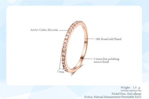 Macro view of 2mm 18K rose gold plated ring with cubic zirconia micro-pave detailing