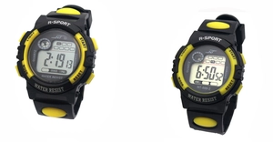 Detail view of water resistant quartz sport watch model NT-888-2 with chronometer function