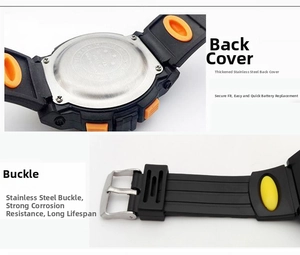 Detail of waterproof stainless steel case back and buckle on sports digital watch