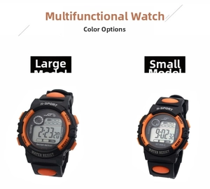 Comparison of large and small digital sports watches in black and orange contrast design