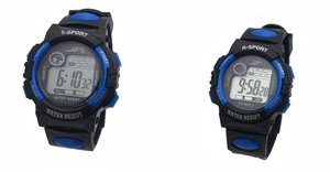 Detail of black and blue digital sport watches showing water resistant chrono display